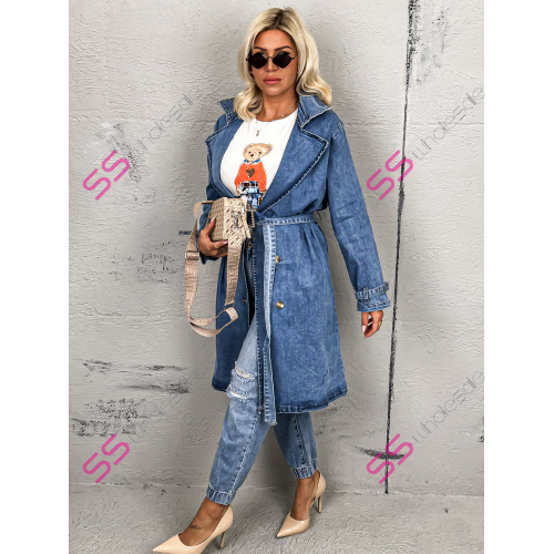 Dlhý denim kabát s opaskom ASHINA