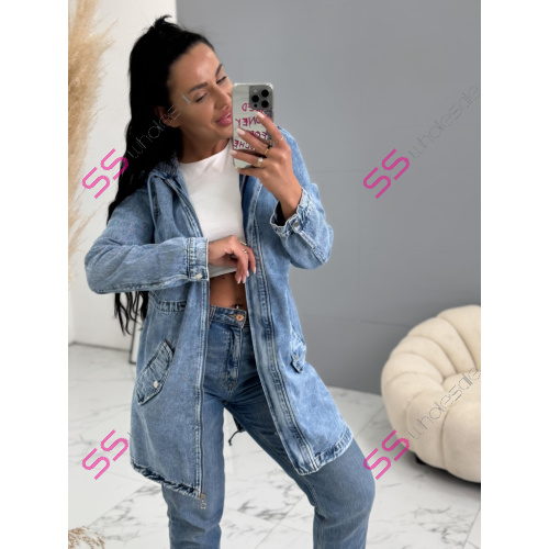 Predĺžený denim kabát s kapucňou ALICIA