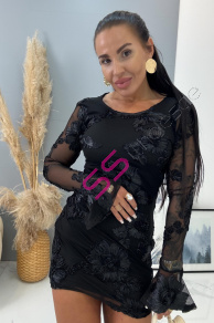 Premium čierne šaty s 3D kvetmi FREDERIKA