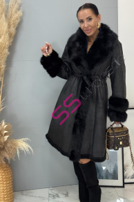 Velúrový dlhý kabát s kožušinou ANYTA