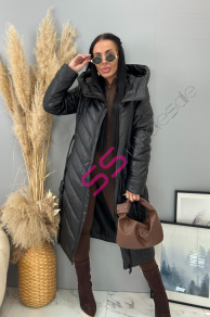 Dlhý koženkový kabát s kapucňou a opaskom JAMEA