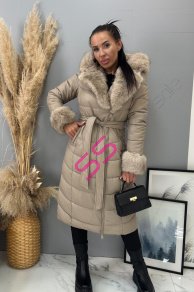 Dlhý koženkový kabát s kožušinou a opaskom  NIVORA