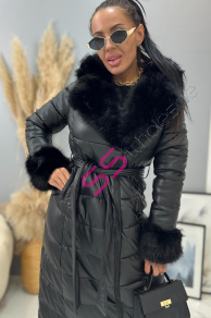 Dlhý koženkový kabát s kožušinou a opaskom  NIVORA