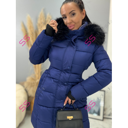 Dlhá štepovaná modrá bunda s kapucňou MYRA