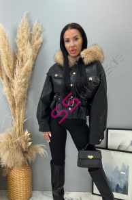 Kožená bunda s kapucňou a opaskom SERENA