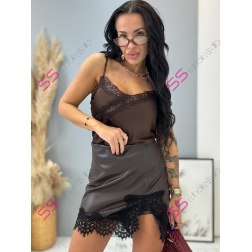 Hnedá koženková sukňa s čipkou ARTEMIS