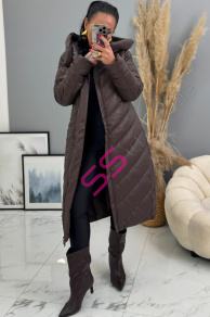 Dlhý koženkový kabát s kapucňou a opaskom JAMEA