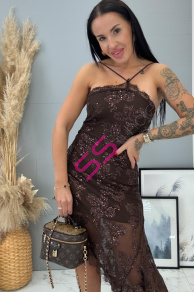 Hnedé šifónové šaty zdobené flitrami AUDRIE