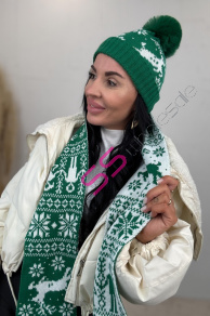 Vzorovaná teplá čiapka s brmbolcom a šálom