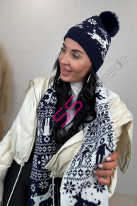 Vzorovaná teplá čiapka s brmbolcom a šálom