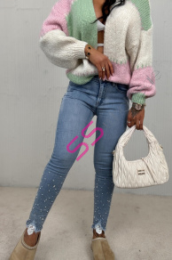 Vysoko-pásové skinny rifle zdobené kamienkami a korálikmi