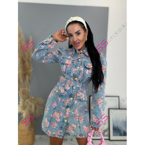 Kvetované denim šaty na gombíky s opaskom AMELY