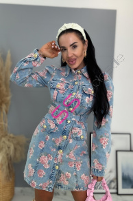 Kvetované denim šaty na gombíky s opaskom AMELY