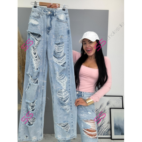 Vysokopásové roztrhané wide leg rifle s kamienkami