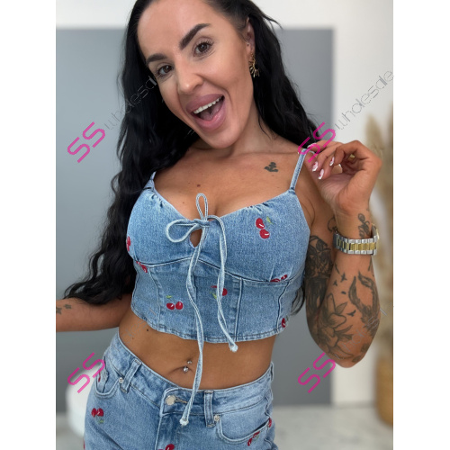 Denim crop-top zdobené s čerešňovou výšivkou CHERRY