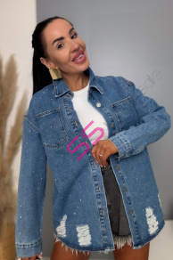 Roztrhaný denim kabát zdobený kamienkami MADINA