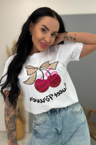 Biele tričko s flitrovým zdobením a potlačou  CHERRY 