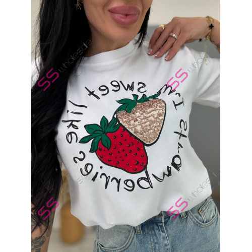 Biele tričko s flitrovým zdobením a potlačou STRAWBERRY 