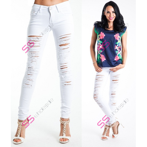 Elastické roztrhané biele riflové nohavice - 1 bag 10 pcs